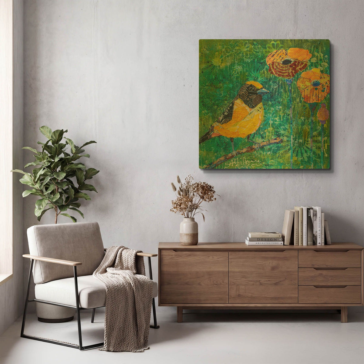 'Finch with Purple Stem Poppies' By St. Hilaire Elizabeth Gold Metal Wall Art