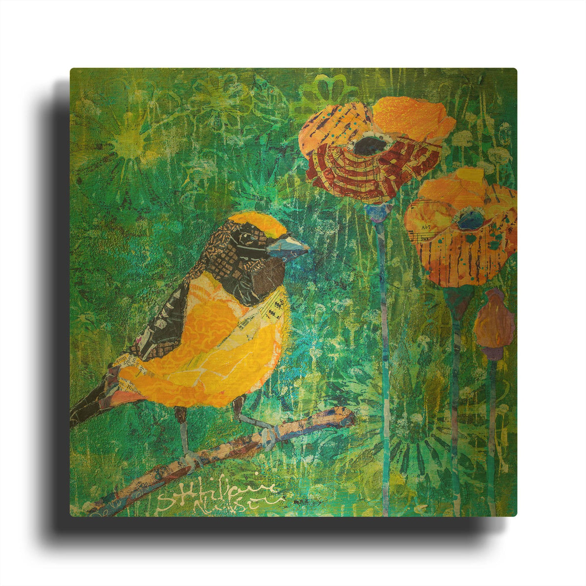 'Finch with Purple Stem Poppies' By St. Hilaire Elizabeth Gold Metal Wall Art