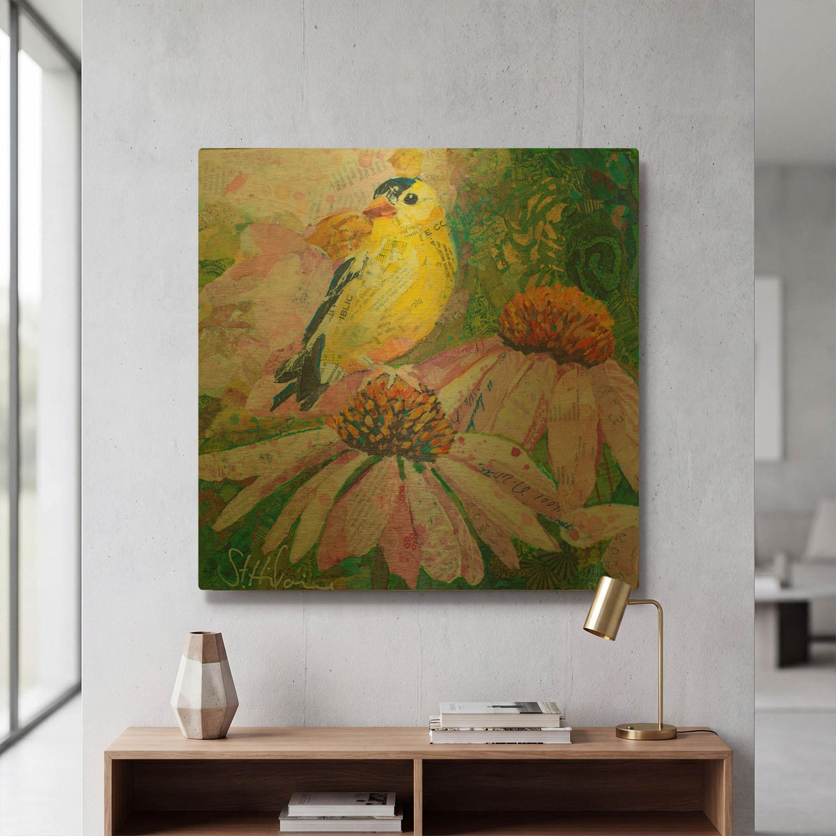 'Finch on Coneflowers' By St. Hilaire Elizabeth Gold Metal Wall Art