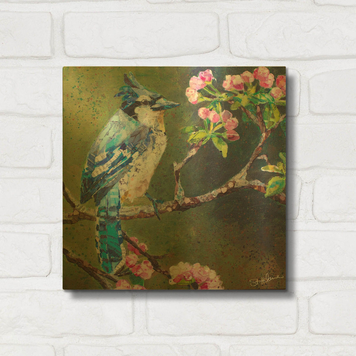 'Blue Jay on Apple Blossoms' By St. Hilaire Elizabeth Gold Metal Wall Art