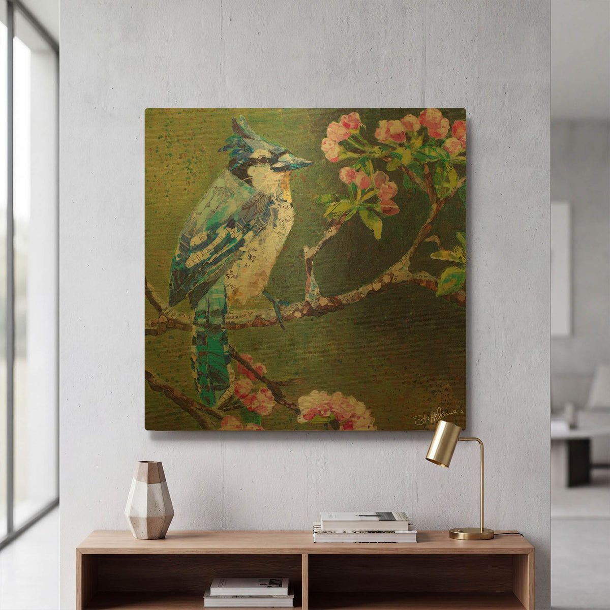 'Blue Jay on Apple Blossoms' By St. Hilaire Elizabeth Gold Metal Wall Art