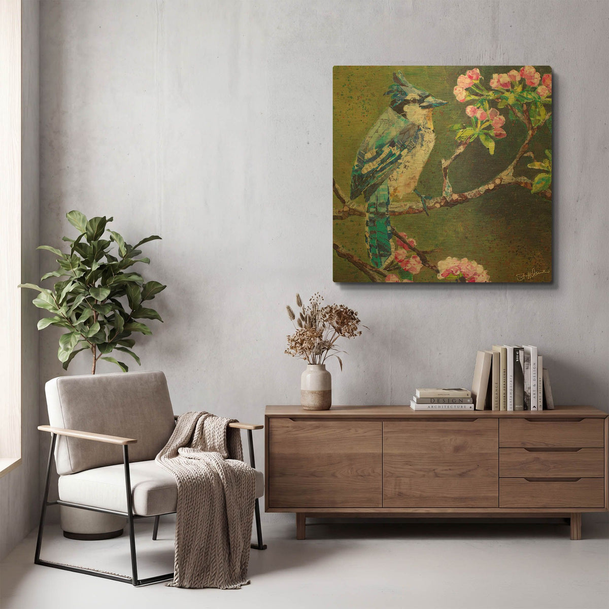 'Blue Jay on Apple Blossoms' By St. Hilaire Elizabeth Gold Metal Wall Art