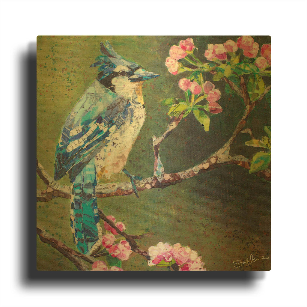 'Blue Jay on Apple Blossoms' By St. Hilaire Elizabeth Gold Metal Wall Art