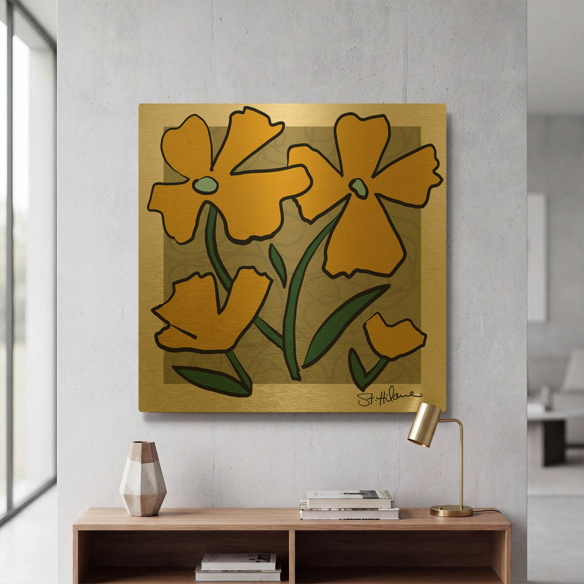'Abstract Floral on Taupe' By St. Hilaire Elizabeth Gold Metal Wall Art