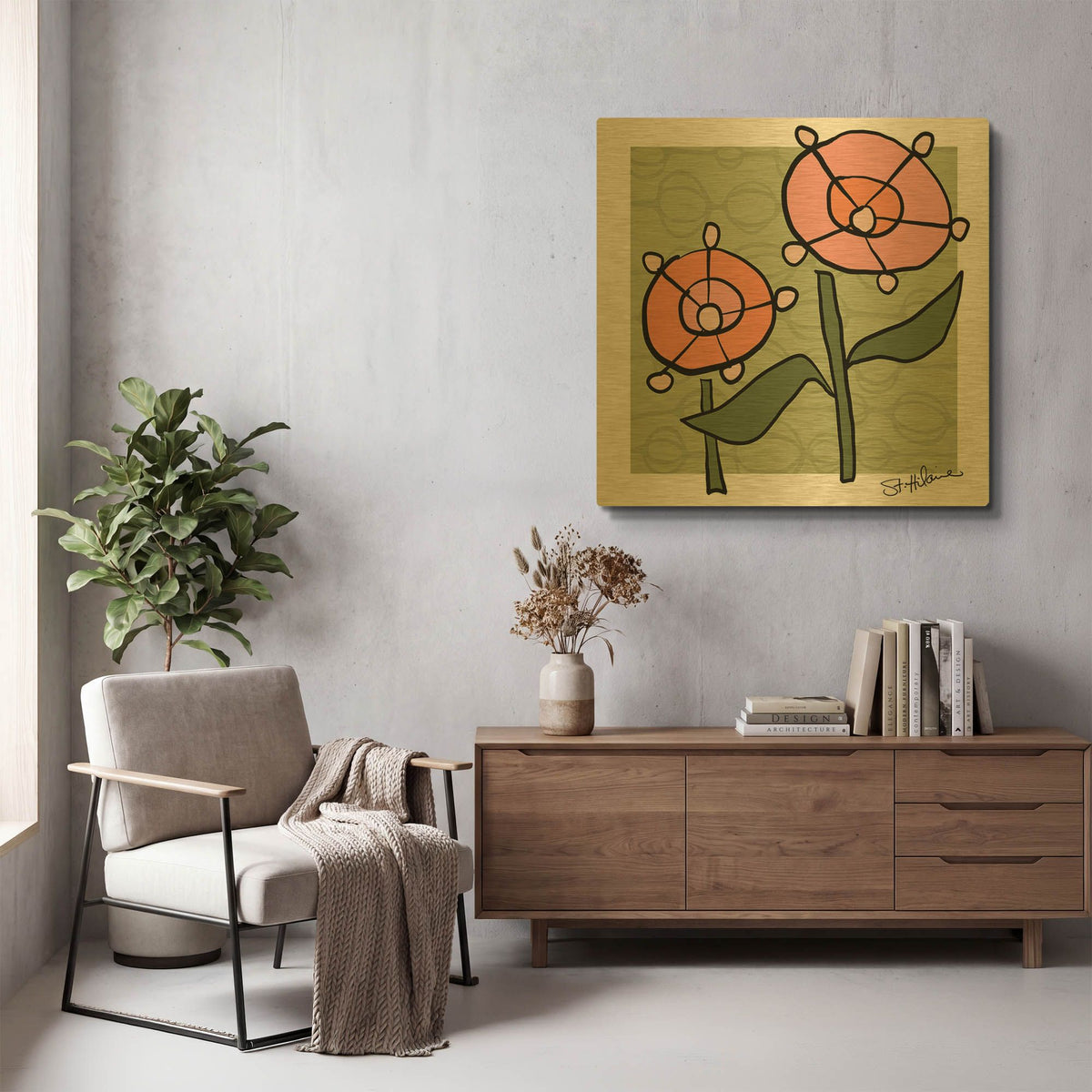 'Abstract Floral on Green' By St. Hilaire Elizabeth Gold Metal Wall Art