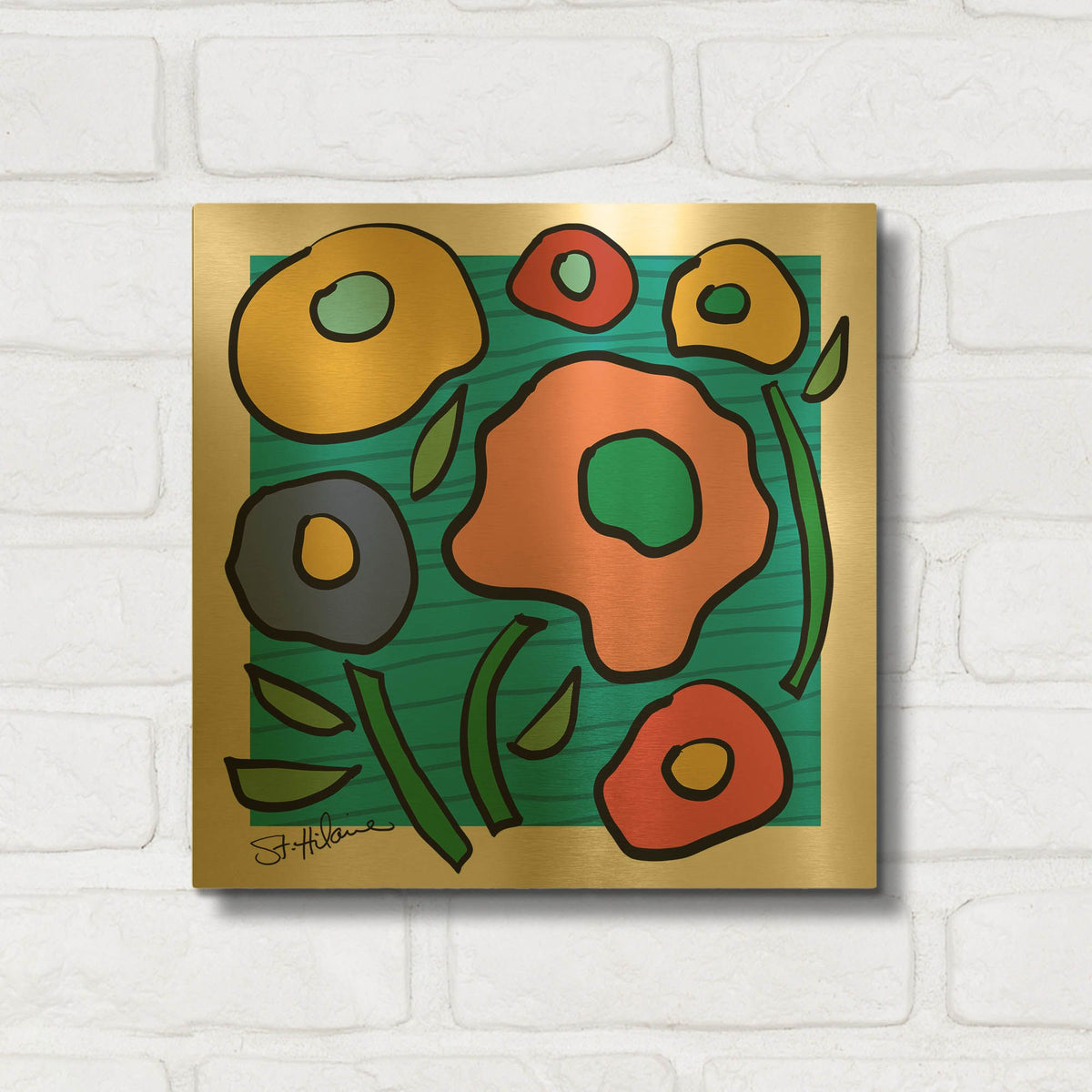 'Abstract Floral on Blue' By St. Hilaire Elizabeth Gold Metal Wall Art