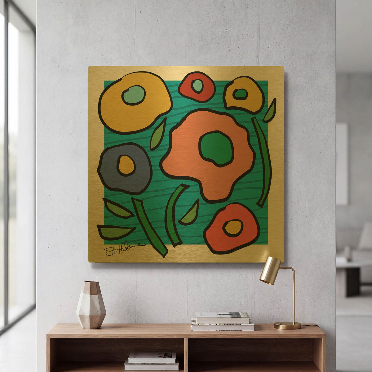 'Abstract Floral on Blue' By St. Hilaire Elizabeth Gold Metal Wall Art