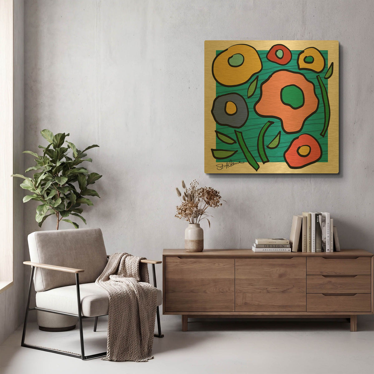 'Abstract Floral on Blue' By St. Hilaire Elizabeth Gold Metal Wall Art
