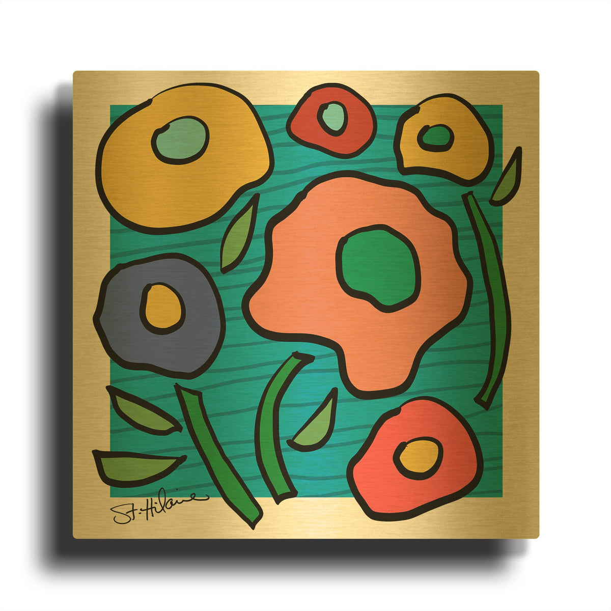 'Abstract Floral on Blue' By St. Hilaire Elizabeth Gold Metal Wall Art