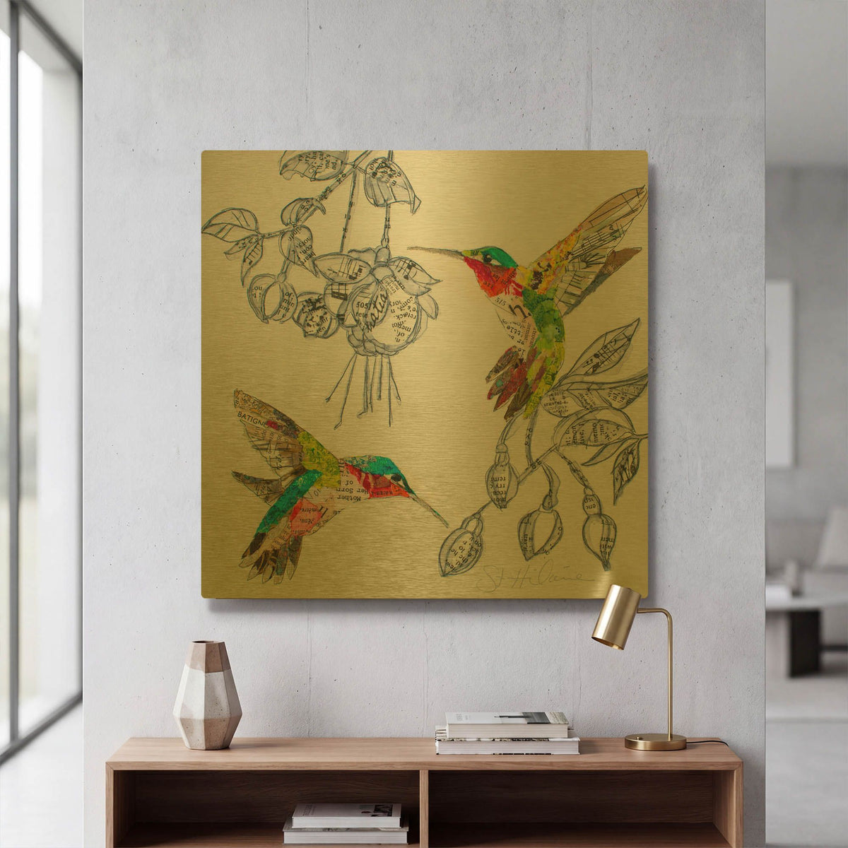 'Hummers and Blooms 2' By St. Hilaire Elizabeth Gold Metal Wall Art