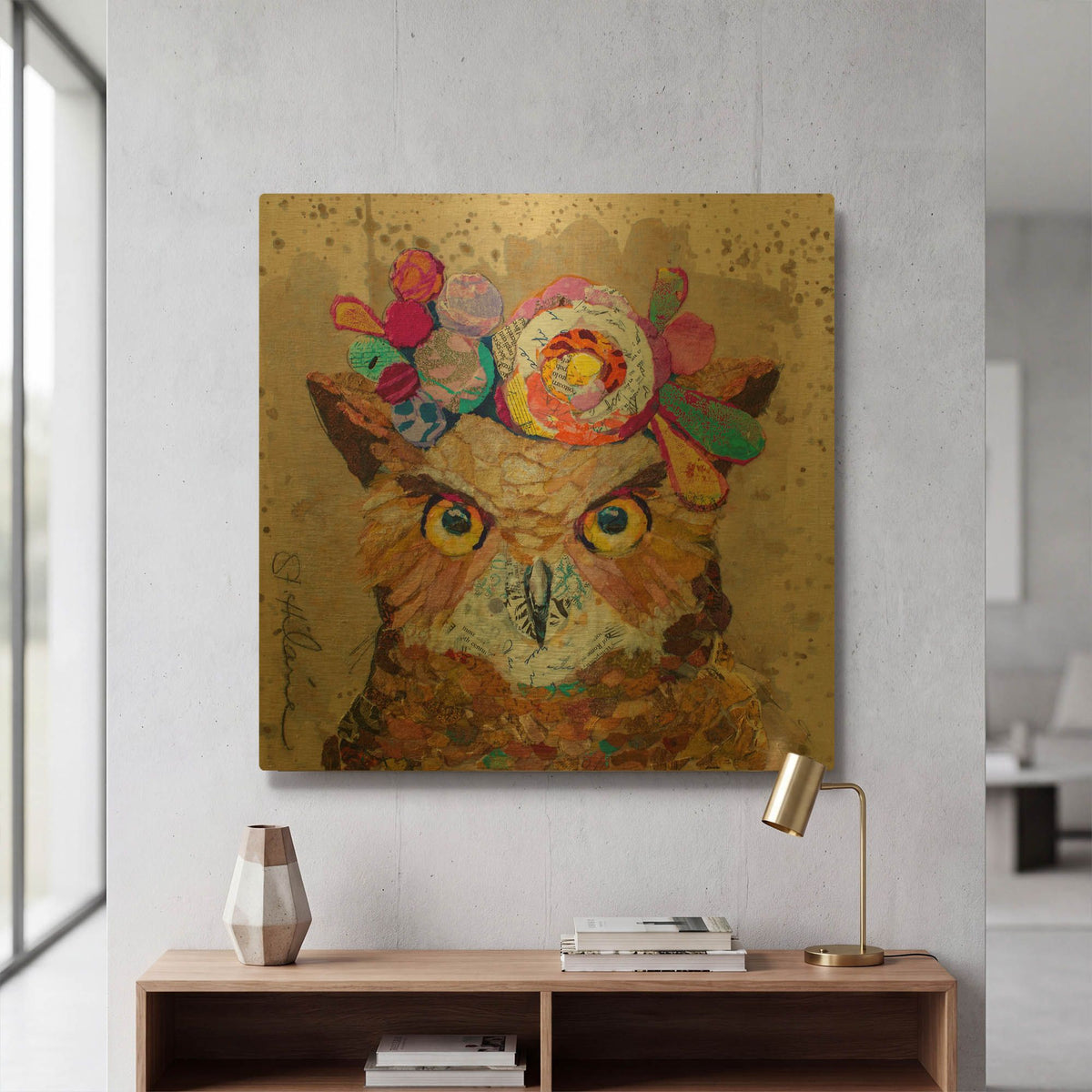 'Floral Owl' By St. Hilaire Elizabeth Gold Metal Wall Art