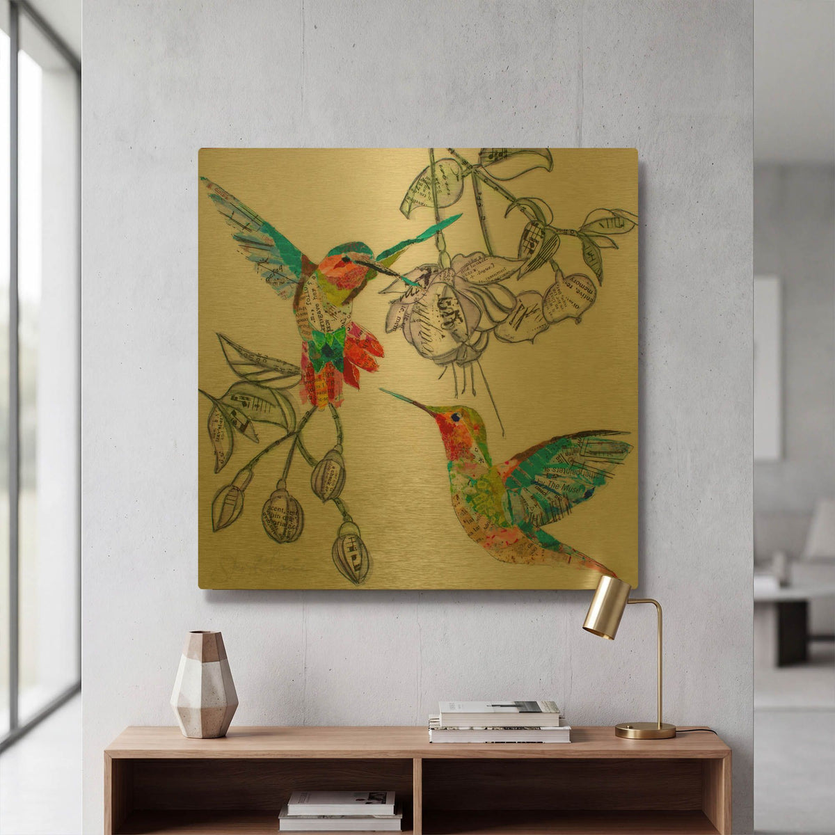 'Edit Hummers and Blooms 1' By St. Hilaire Elizabeth Gold Metal Wall Art
