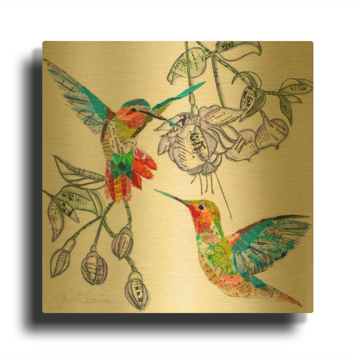 'Edit Hummers and Blooms 1' By St. Hilaire Elizabeth Gold Metal Wall Art