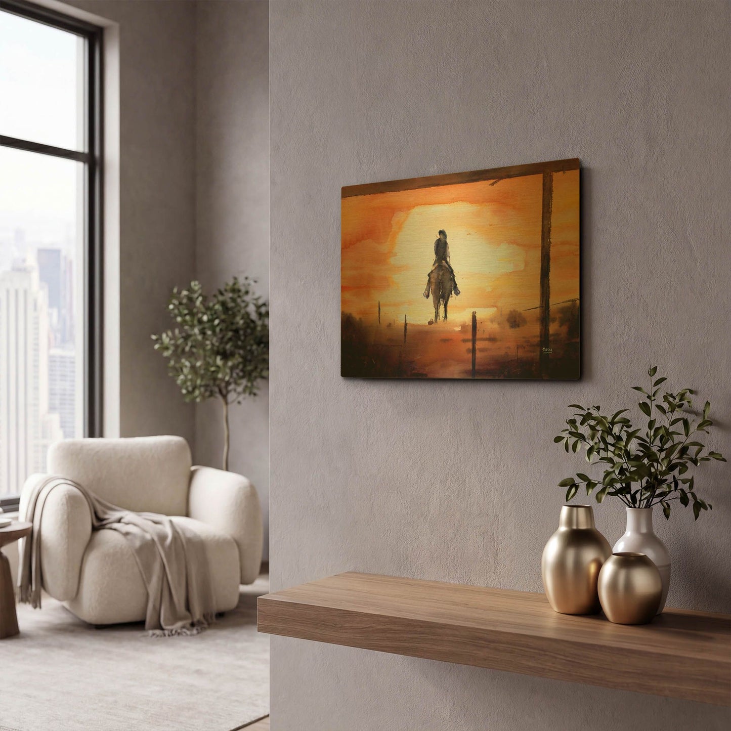 'Sunset Rider' By Oscar Alvarez Pardo Gold Metal Wall Art