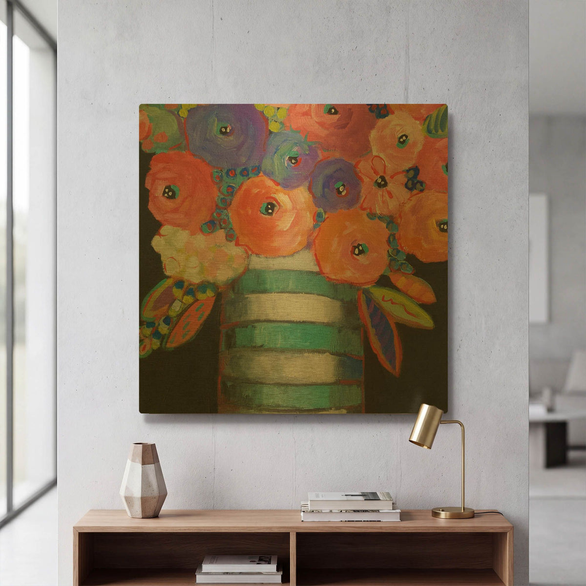 'Orange, Purple, and Stripes' By Holly Wojhan Gold Metal Wall Art