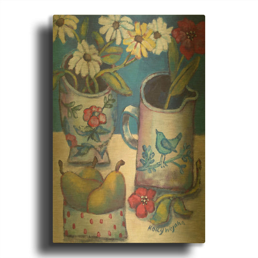 'Des fleurs et poires' By Holly Wojhan Gold Metal Wall Art