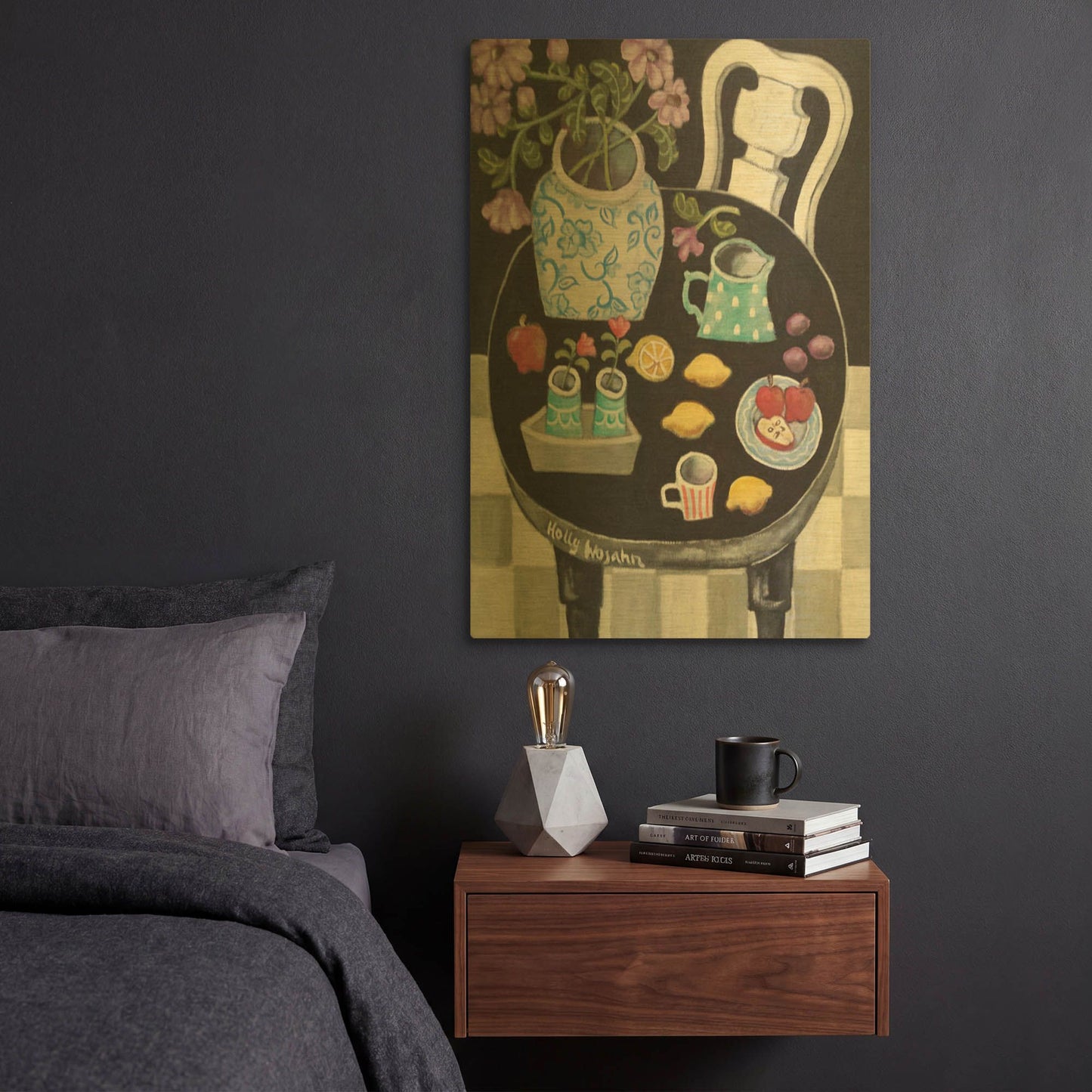 'Fruit and Flowers on Black Table' By Holly Wojhan Gold Metal Wall Art