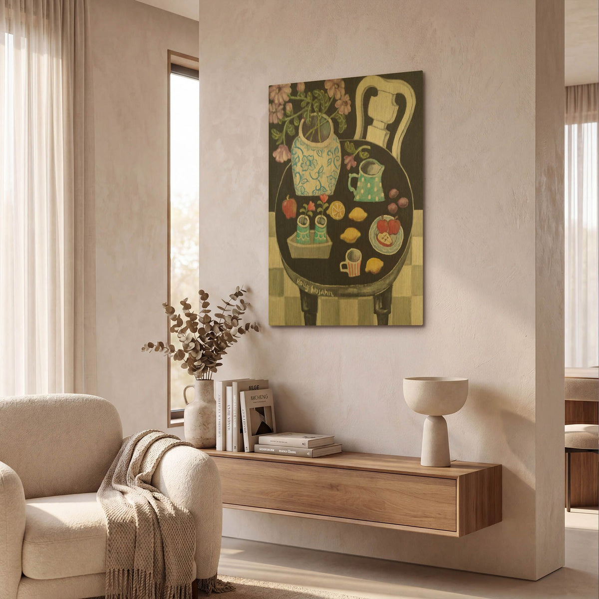 'Fruit and Flowers on Black Table' By Holly Wojhan Gold Metal Wall Art