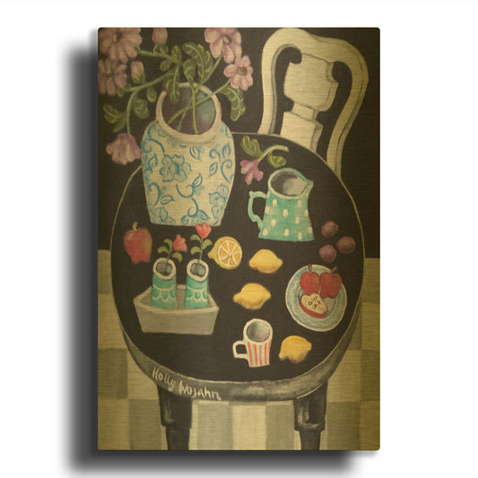 'Fruit and Flowers on Black Table' By Holly Wojhan Gold Metal Wall Art