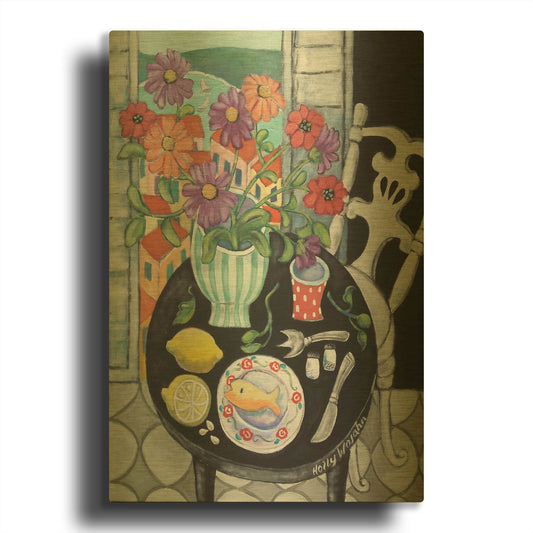 'Fish Dinner by the Sea' By Holly Wojhan Gold Metal Wall Art