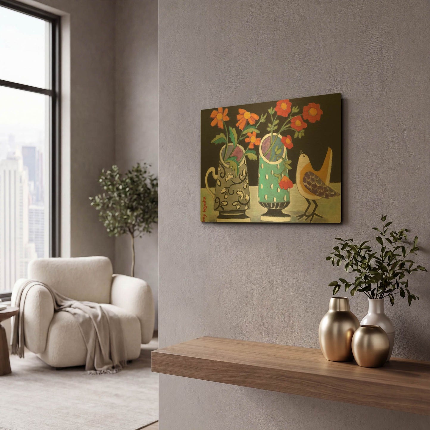 'Two Cheery Vases and a Chirp' By Holly Wojhan Gold Metal Wall Art