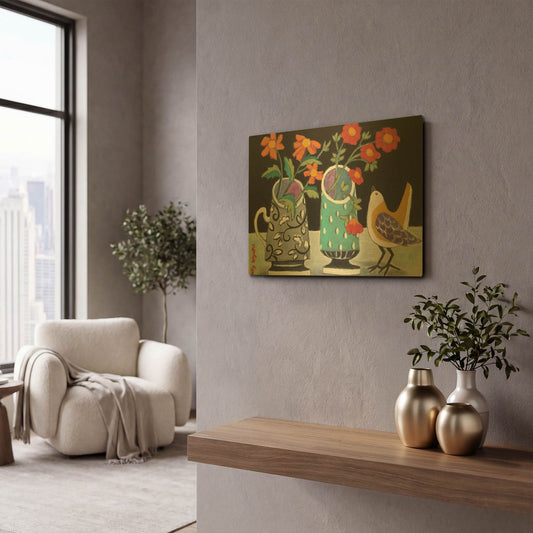 'Two Cheery Vases and a Chirp' By Holly Wojhan Gold Metal Wall Art