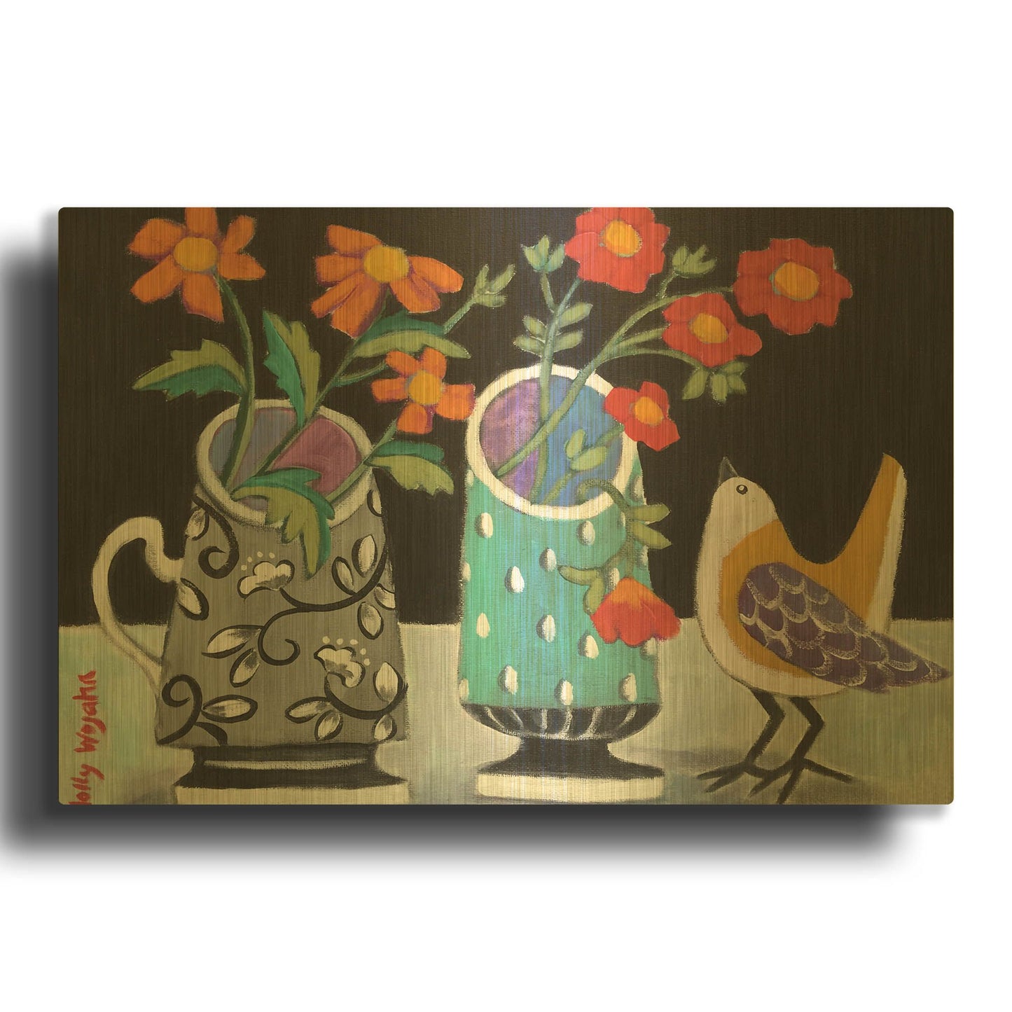 'Two Cheery Vases and a Chirp' By Holly Wojhan Gold Metal Wall Art