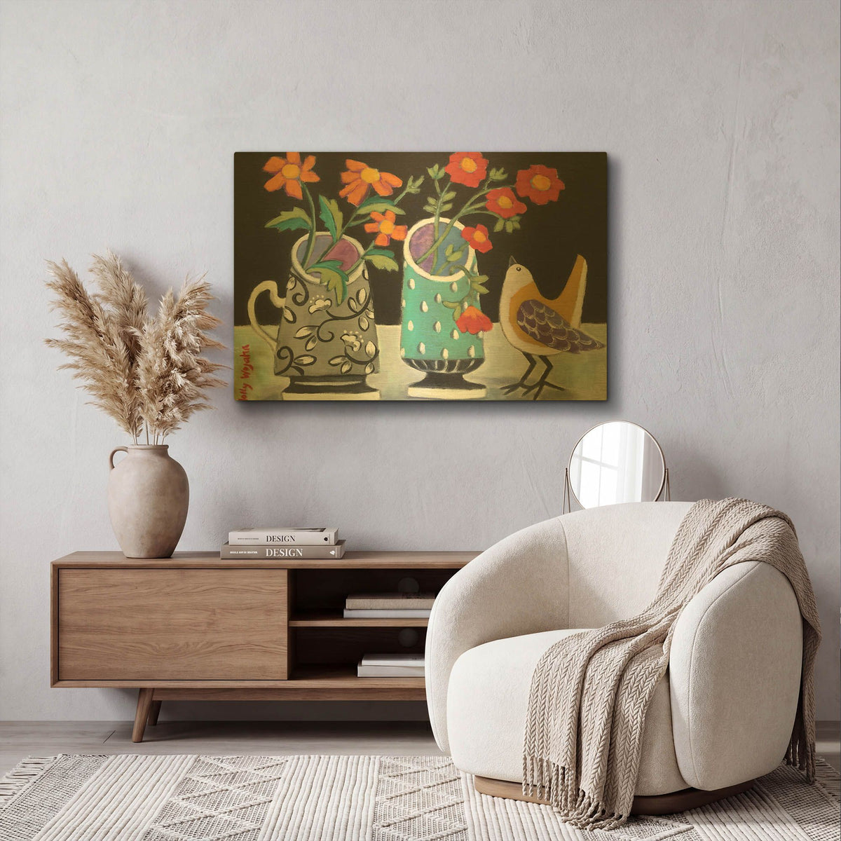 'Two Cheery Vases and a Chirp' By Holly Wojhan Gold Metal Wall Art