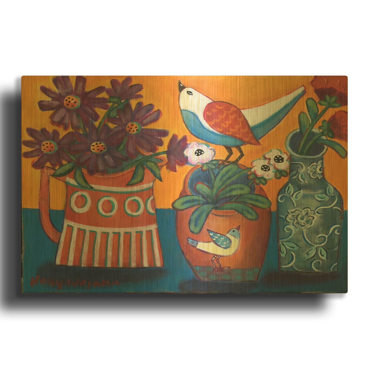'Orange and Blue Vases' By Holly Wojhan Gold Metal Wall Art
