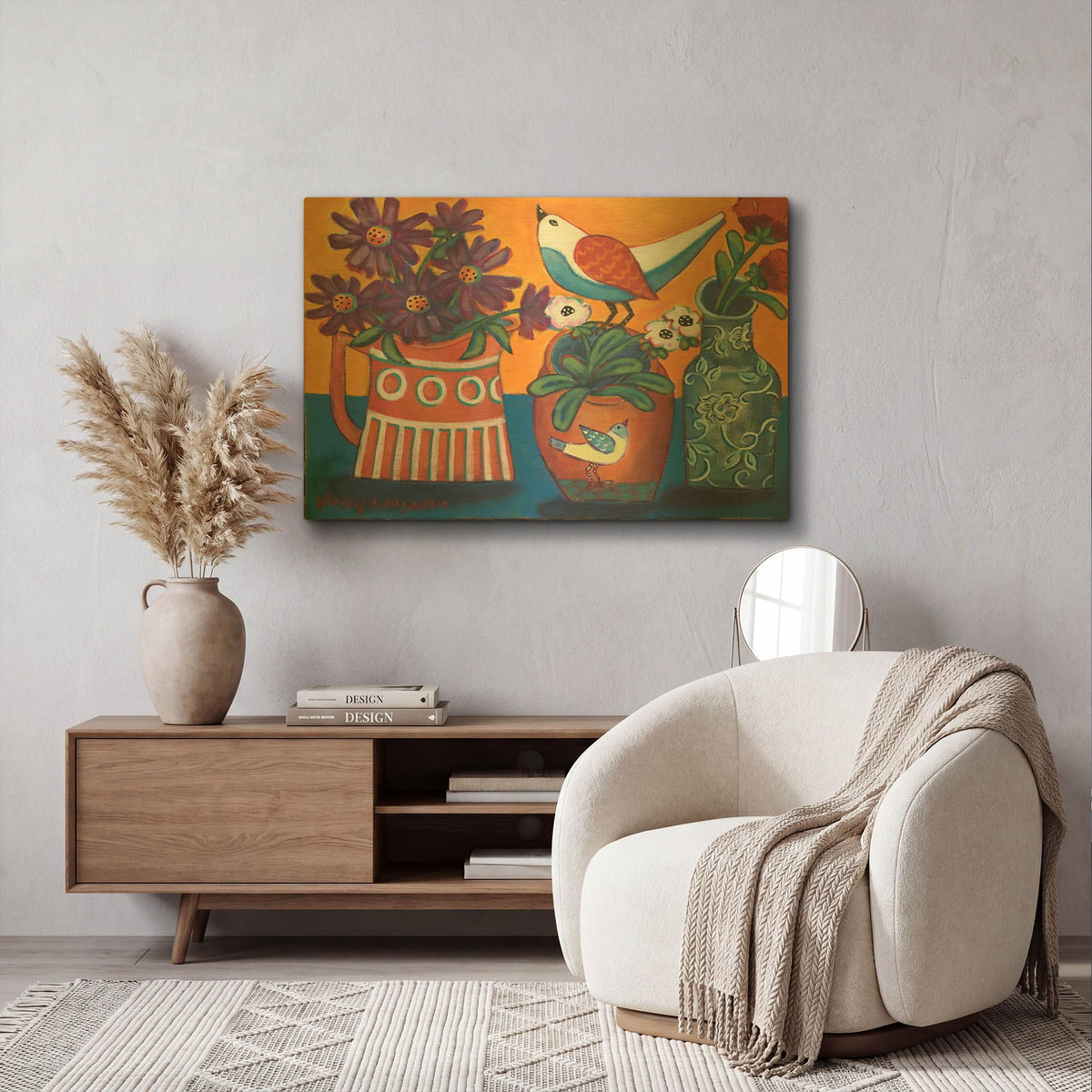 'Orange and Blue Vases' By Holly Wojhan Gold Metal Wall Art
