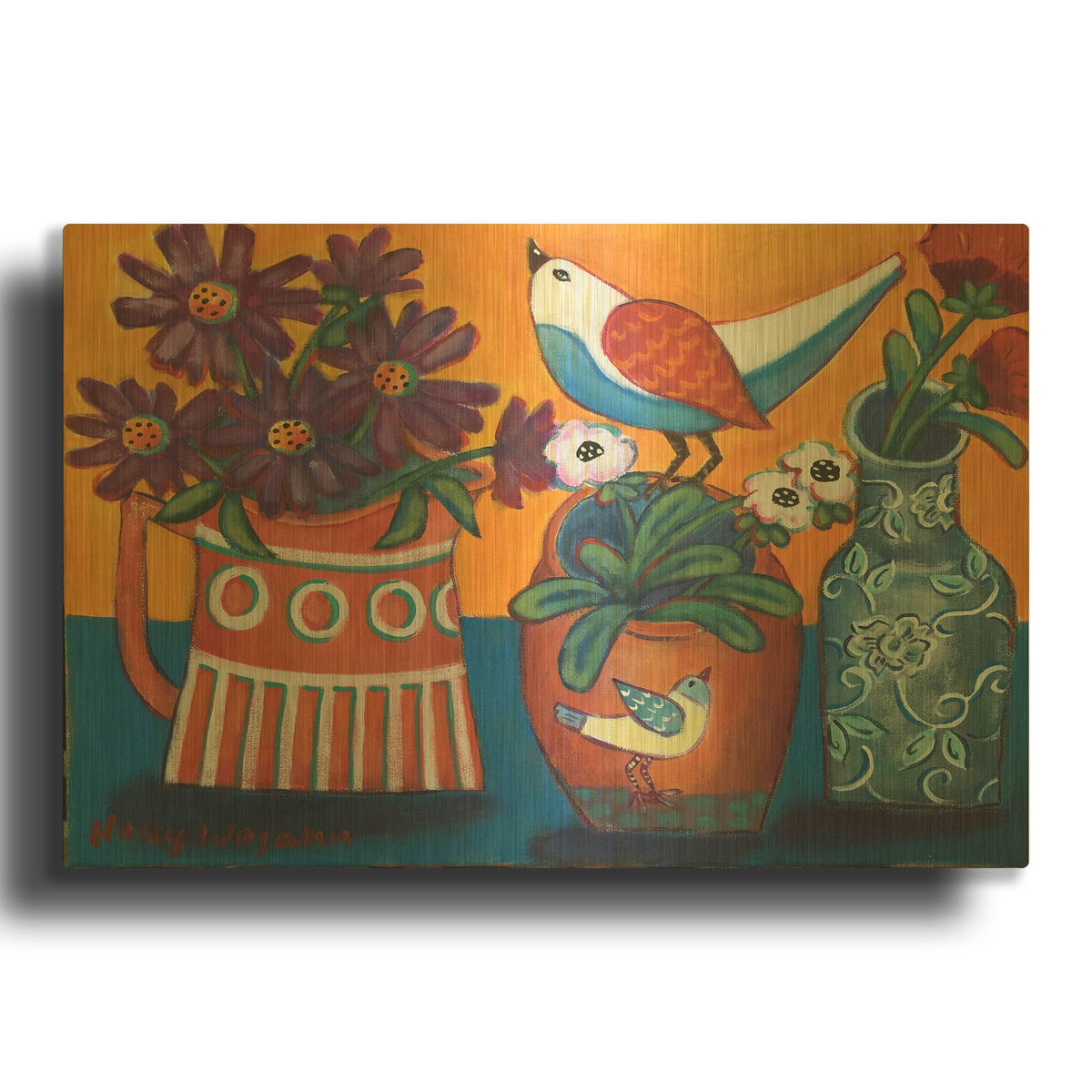 'Orange and Blue Vases' By Holly Wojhan Gold Metal Wall Art