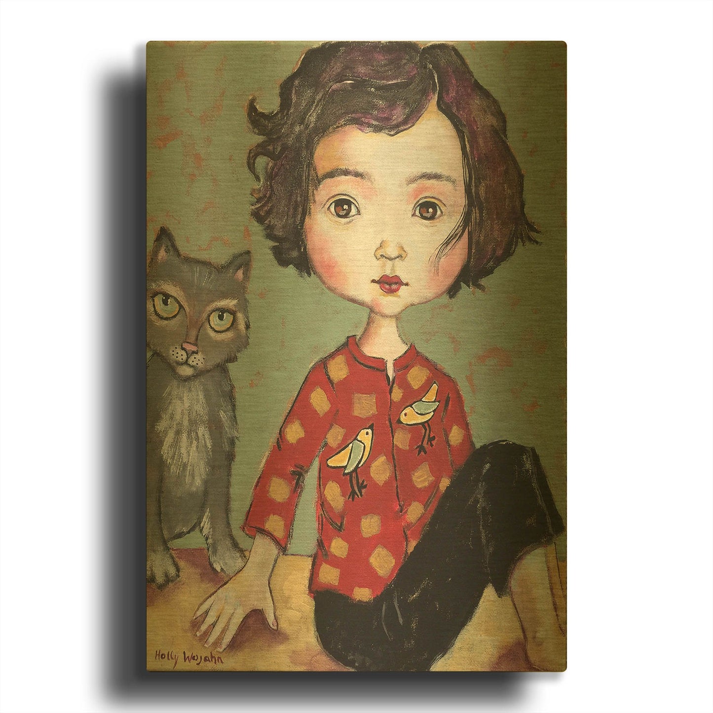 'Girl With Cat' By Holly Wojhan Gold Metal Wall Art