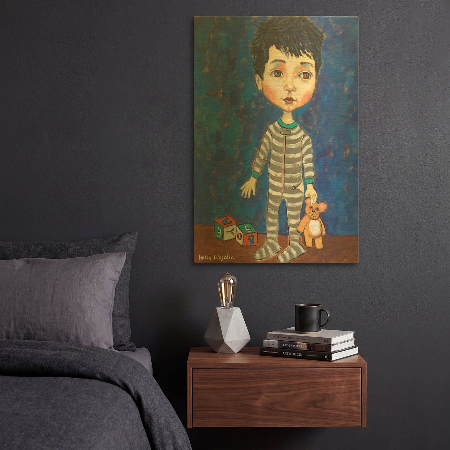 'Blue Pajama Boy' By Holly Wojhan Gold Metal Wall Art