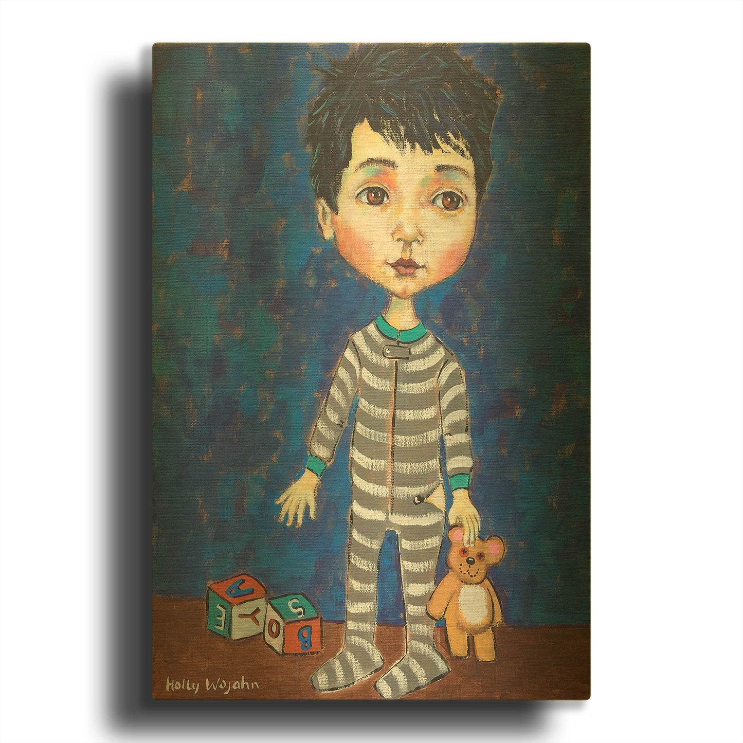 'Blue Pajama Boy' By Holly Wojhan Gold Metal Wall Art