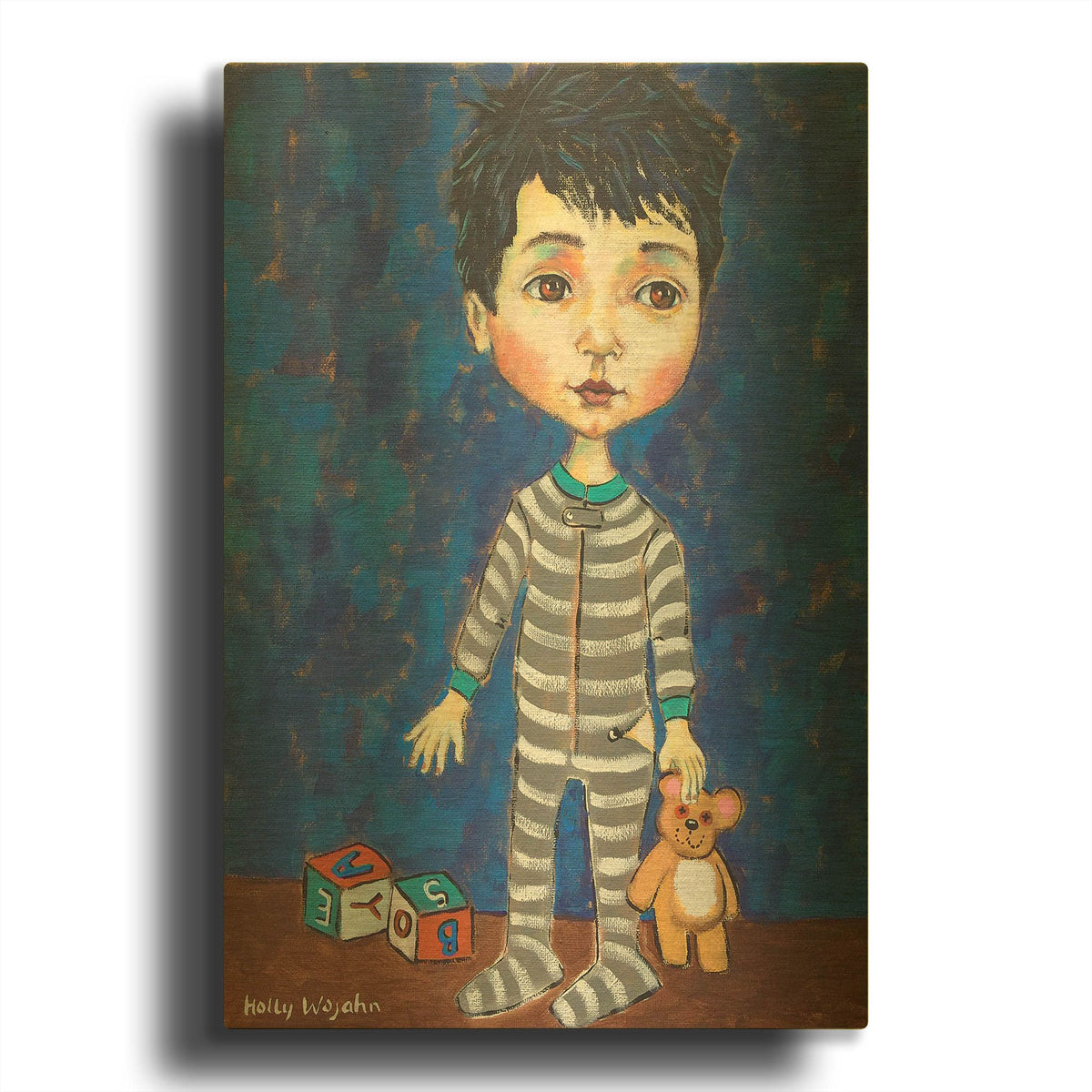 'Blue Pajama Boy' By Holly Wojhan Gold Metal Wall Art