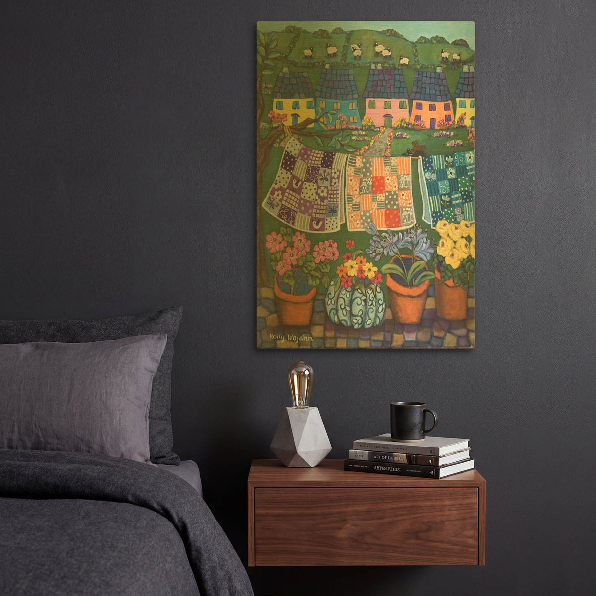 'Sheepish Hillsides with Cottages and quilts' By Holly Wojhan Gold Metal Wall Art