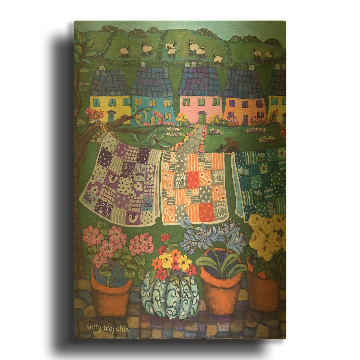 'Sheepish Hillsides with Cottages and quilts' By Holly Wojhan Gold Metal Wall Art