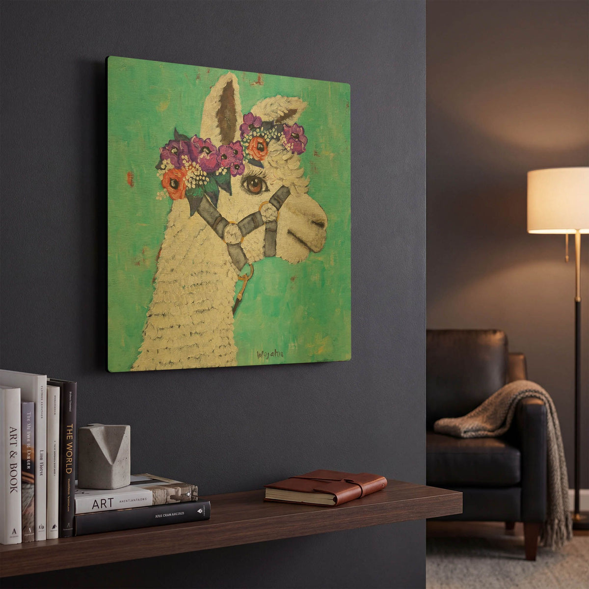 'Flower Headed Llama' By Holly Wojhan Gold Metal Wall Art