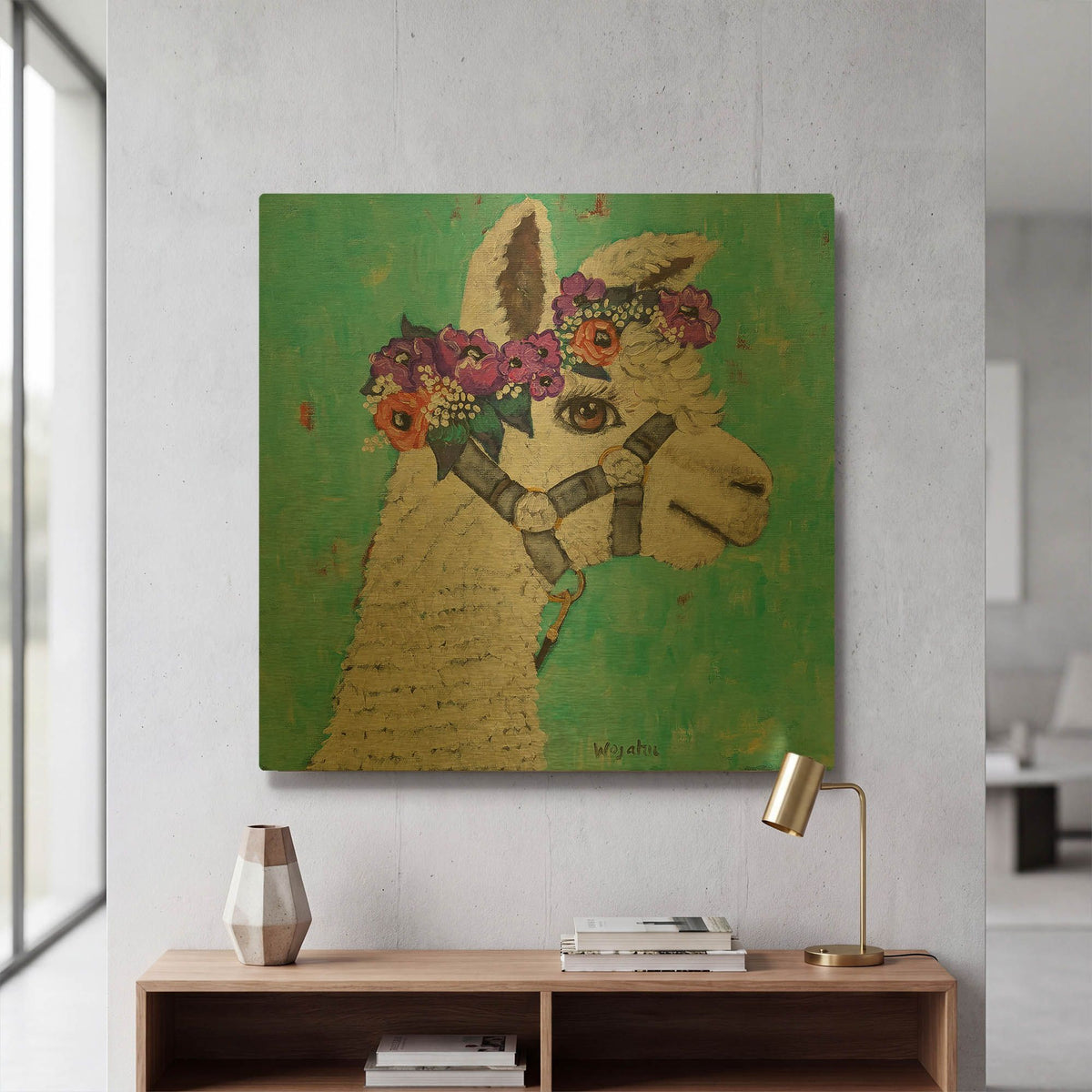 'Flower Headed Llama' By Holly Wojhan Gold Metal Wall Art