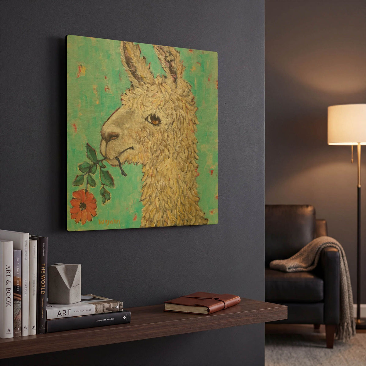 'Flower Eating Llama' By Holly Wojhan Gold Metal Wall Art