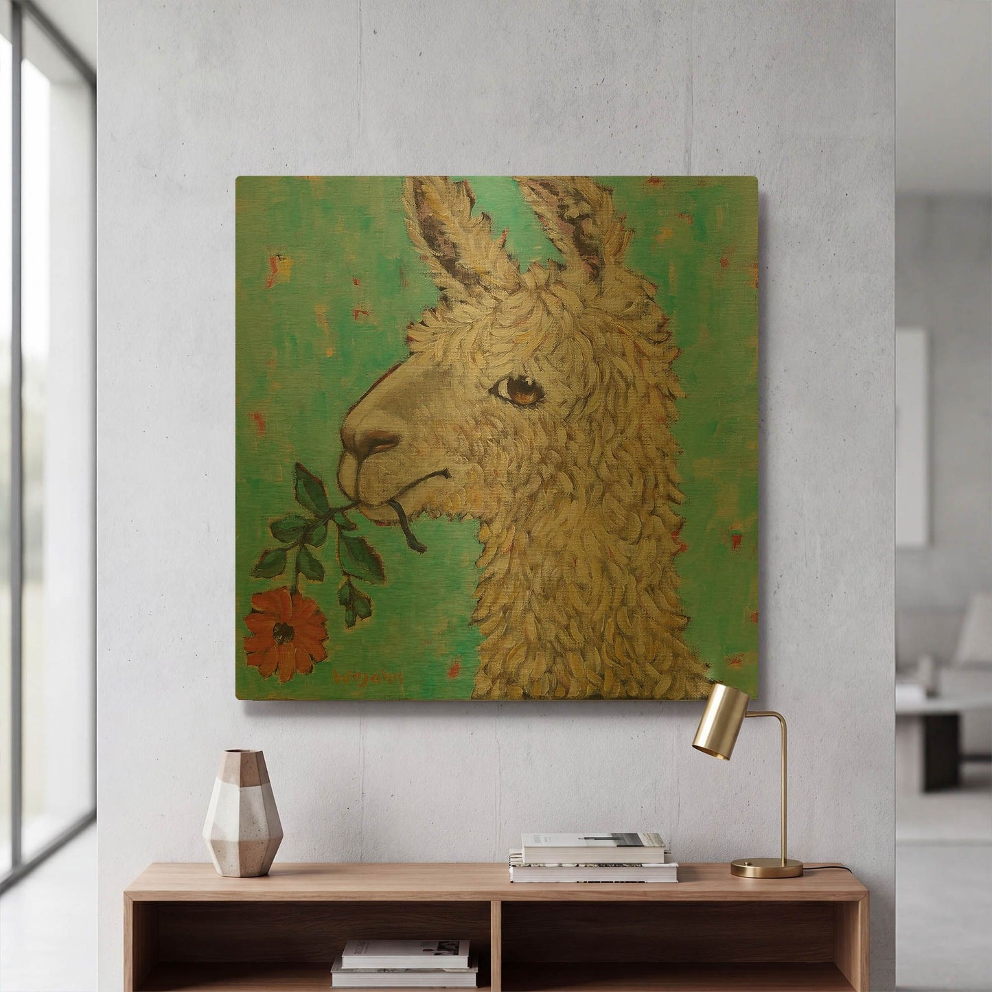 'Flower Eating Llama' By Holly Wojhan Gold Metal Wall Art