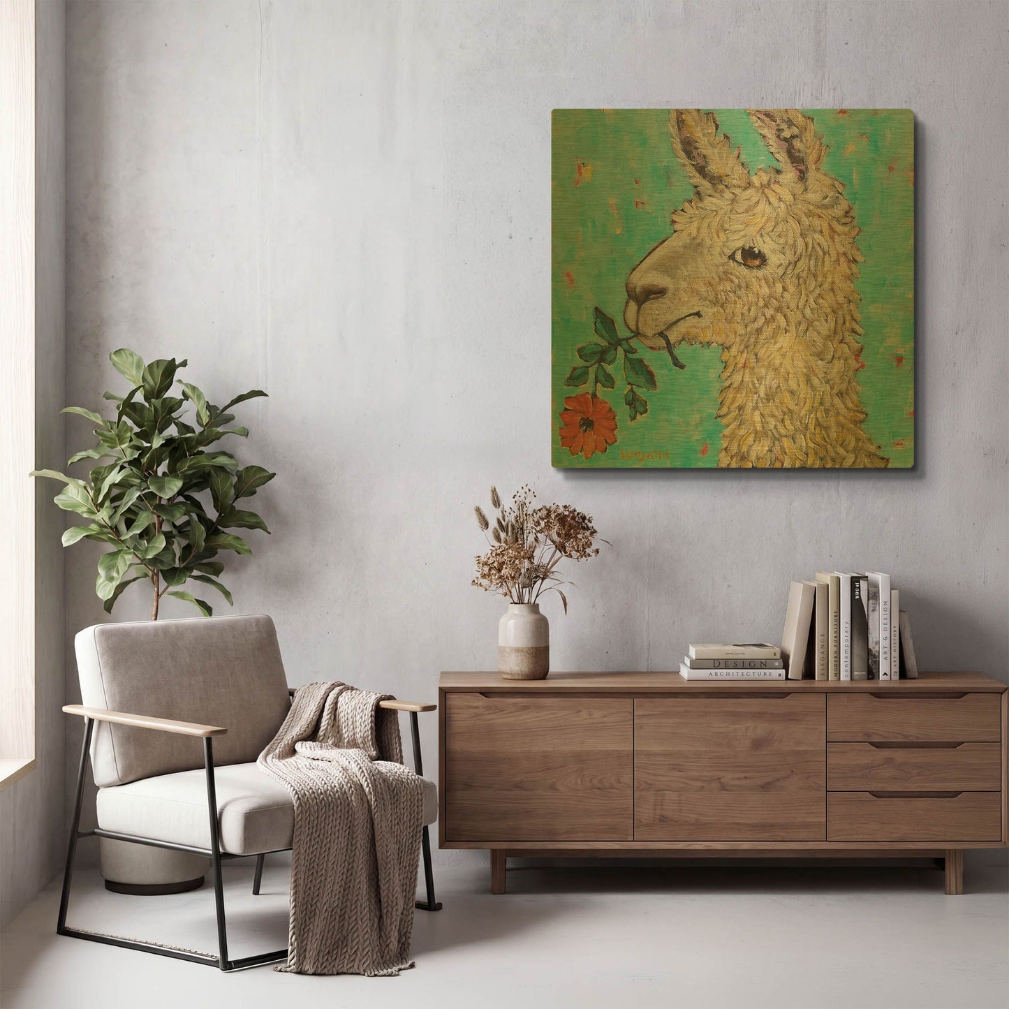 'Flower Eating Llama' By Holly Wojhan Gold Metal Wall Art