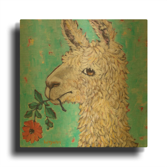 'Flower Eating Llama' By Holly Wojhan Gold Metal Wall Art