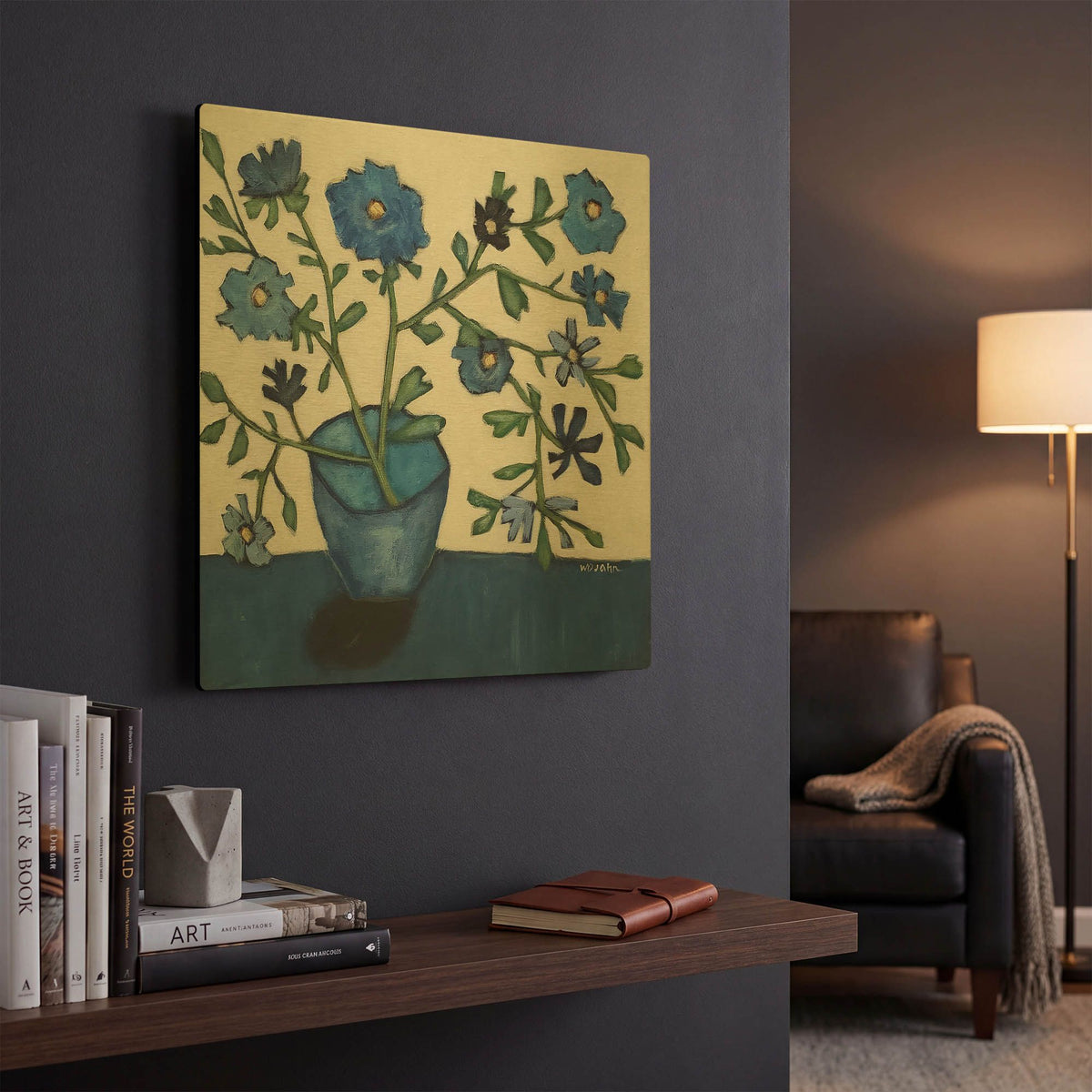 'Vase of Blue Flowers' By Holly Wojhan Gold Metal Wall Art