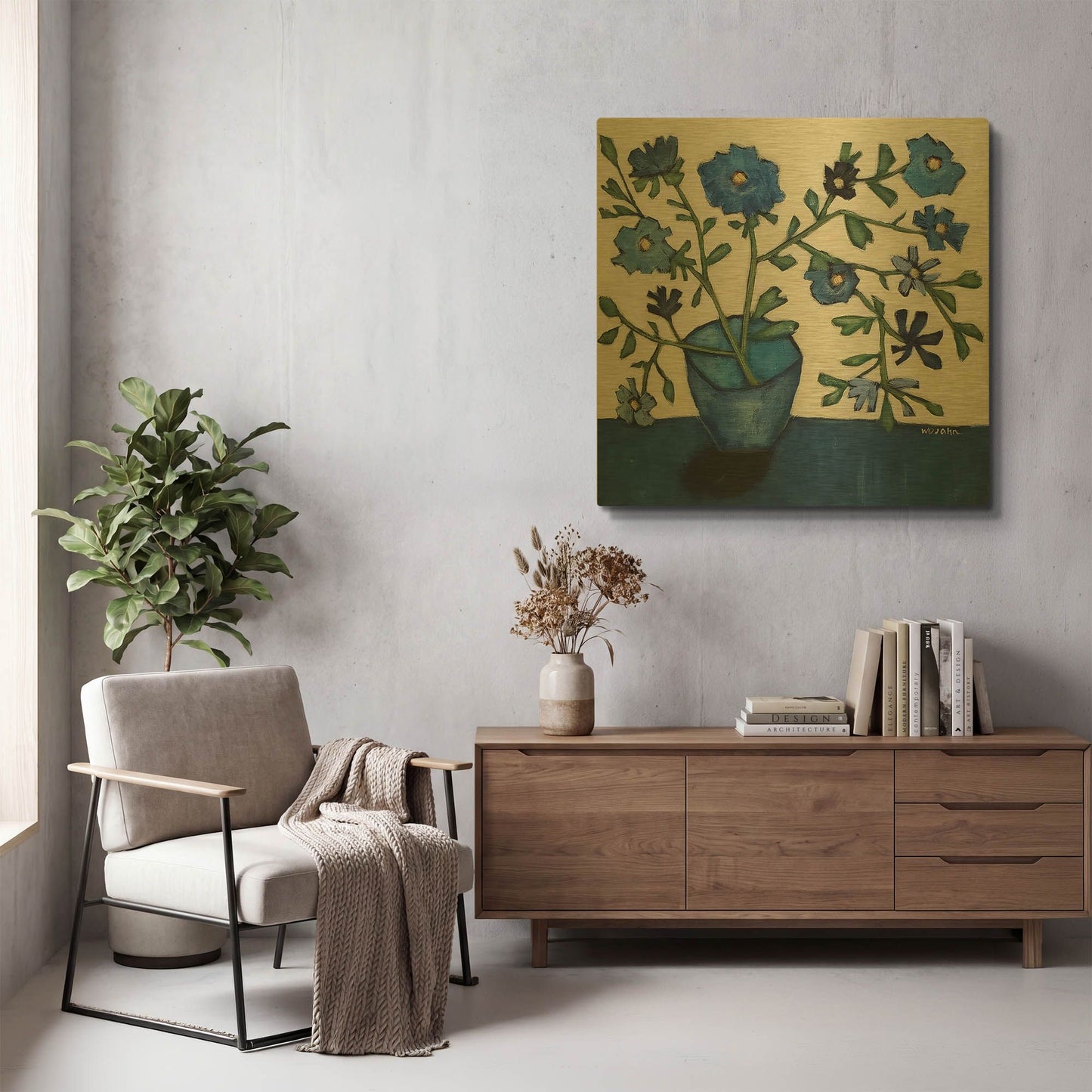 'Vase of Blue Flowers' By Holly Wojhan Gold Metal Wall Art