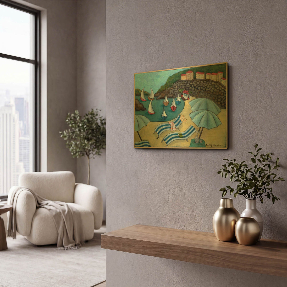 'Under the Umbrellas' By Holly Wojhan Gold Metal Wall Art