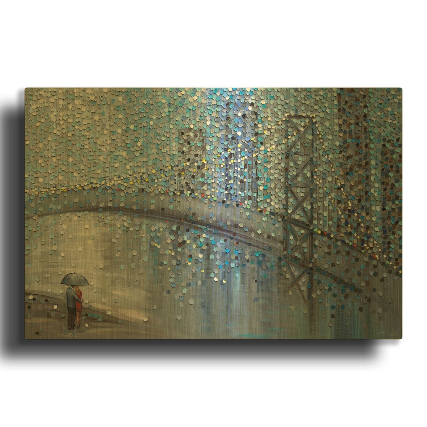 'Rainy Date With The Bridge View' By Ekaterina Ermilkina Gold Metal Wall Art