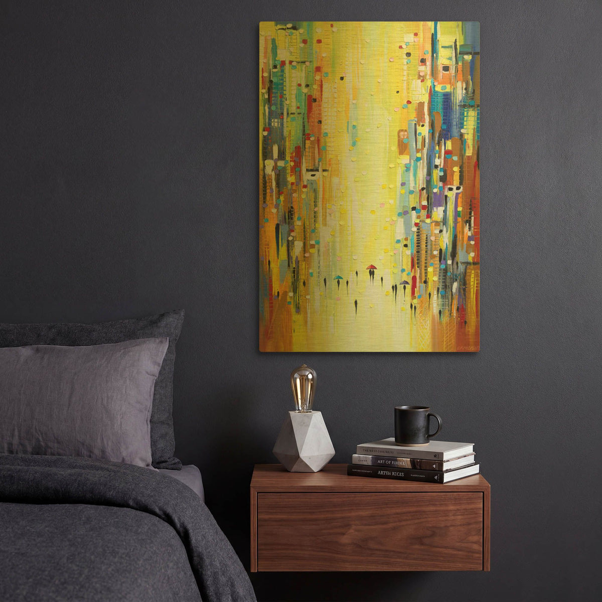 'Three Colorful Umbrellas' By Ekaterina Ermilkina Gold Metal Wall Art