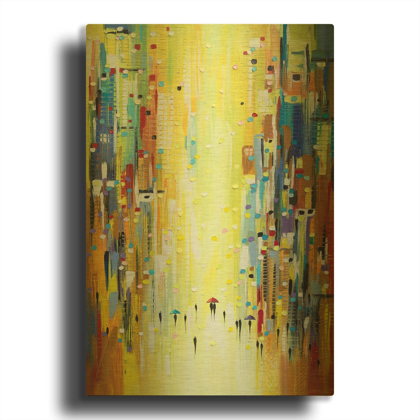 'Three Colorful Umbrellas' By Ekaterina Ermilkina Gold Metal Wall Art