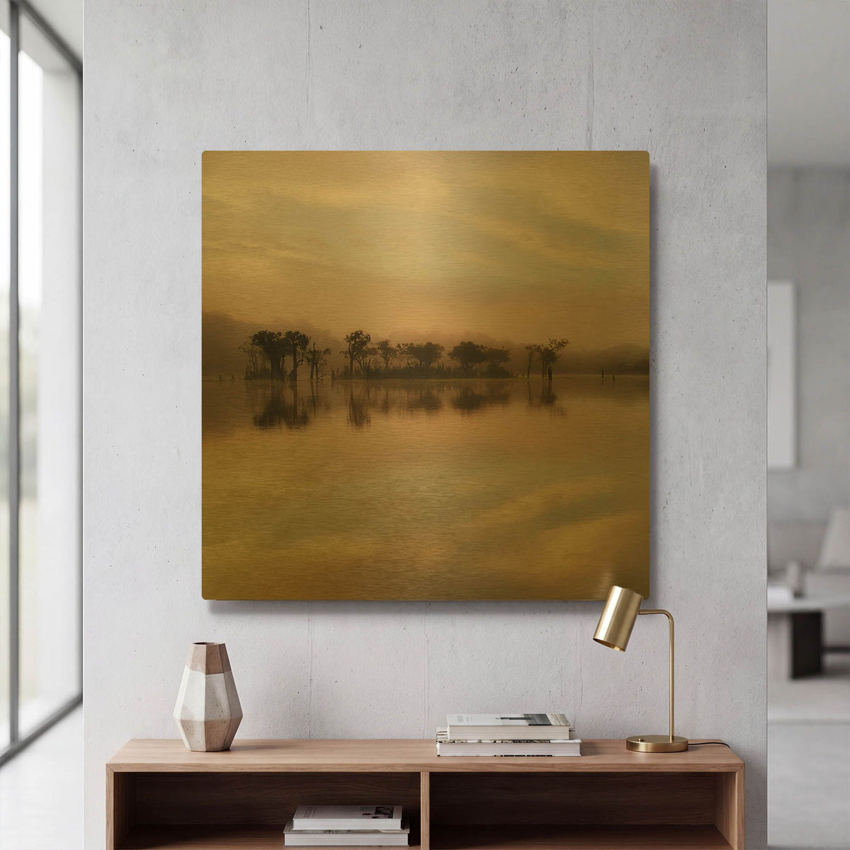 'Dawn Mist on the Amazon' By Andy Mumford Gold Metal Wall Art